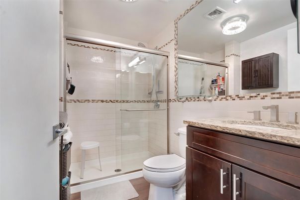 Bathroom, Glass Shower, Interior, Wood Texture Flooring