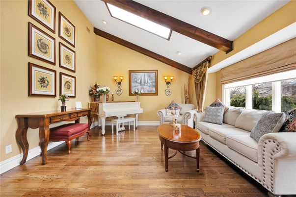 Interior, Living room, Piano, Recessed Lighting, Wooden Beams, Wood Texture Flooring
