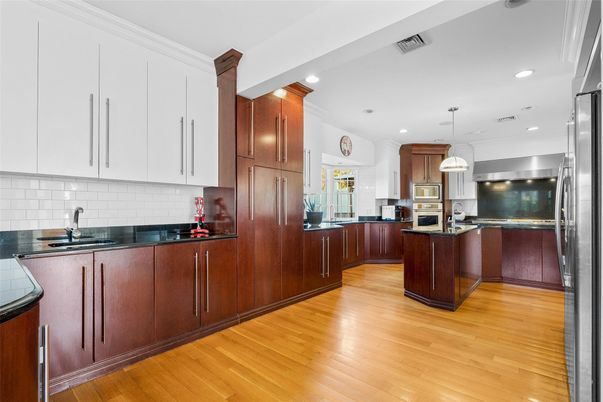 Interior, Kitchen, Pendant Lights, Recessed Lighting, Stainless Steel Appliances, Wood Texture Flooring