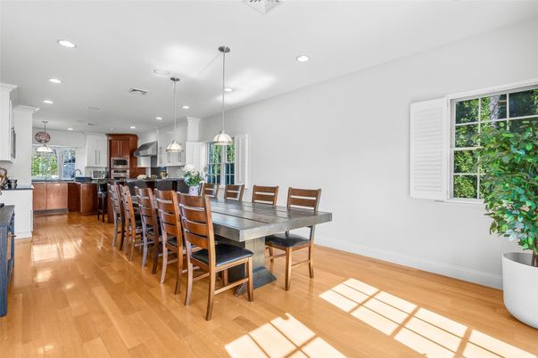 Dining room, Interior, Kitchen, Pendant Lights, Recessed Lighting, Wood Texture Flooring