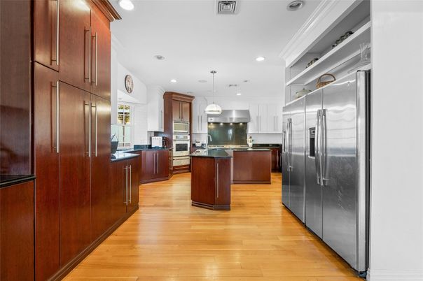 Interior, Kitchen, Pendant Lights, Recessed Lighting, Stainless Steel Appliances, Wood Texture Flooring