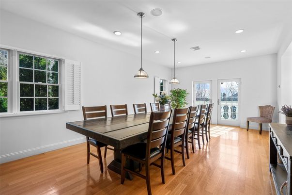 Dining room, Interior, Pendant Lights, Recessed Lighting, Wood Texture Flooring