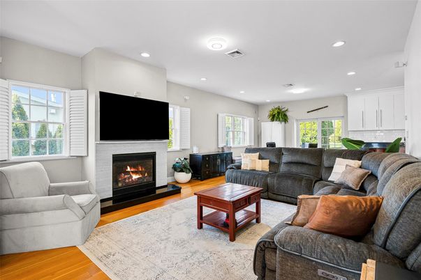Fireplace, Interior, Living room, Recessed Lighting, Wood Texture Flooring