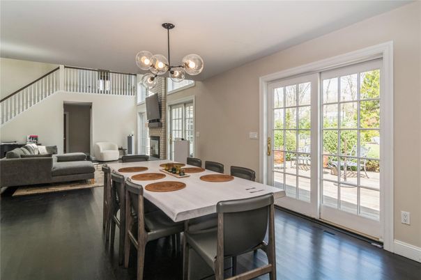 Dining room, Fireplace, Interior, Living room, Pendant Lights, Wood Texture Flooring
