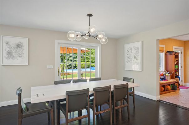 Dining room, Interior, Pendant Lights, Wood Texture Flooring