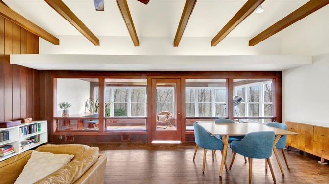 Dining room, Interior, Recessed Lighting, Wooden Beams, Wood Texture Flooring