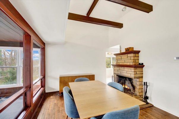 Dining room, Fireplace, Interior, Wooden Beams, Wood Texture Flooring