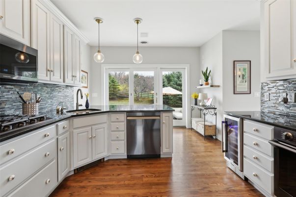Interior, Kitchen, Pendant Lights, Stainless Steel Appliances, Wood Texture Flooring