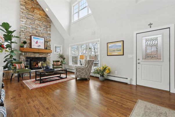 Fireplace, Interior, Living room, Stone Walls, Wood Texture Flooring