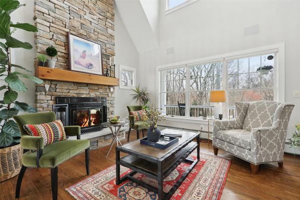 Fireplace, Interior, Living room, Stone Walls, Wood Texture Flooring