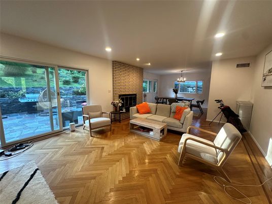 Dining room, Fireplace, Interior, Living room, Pendant Lights, Recessed Lighting, Stone Walls, Wood Texture Flooring