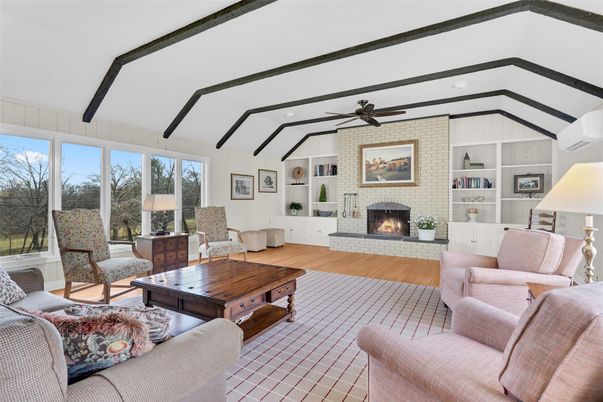 Fireplace, Interior, Living room, Stone Walls, Wooden Beams, Wood Texture Flooring