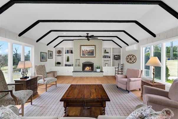Fireplace, Interior, Living room, Stone Walls, Wooden Beams, Wood Texture Flooring