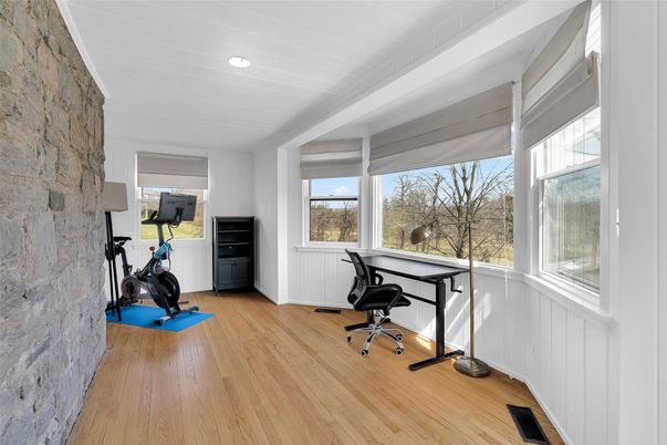 Fitness Equipment, Home Office, Interior, Recessed Lighting, Stone Walls, Wood Texture Flooring