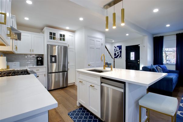 Interior, Kitchen, Pendant Lights, Recessed Lighting, Stainless Steel Appliances, Wood Texture Flooring