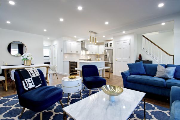 Dining room, Interior, Kitchen, Living room, Pendant Lights, Recessed Lighting, Stainless Steel Appliances, Wood Texture Flooring