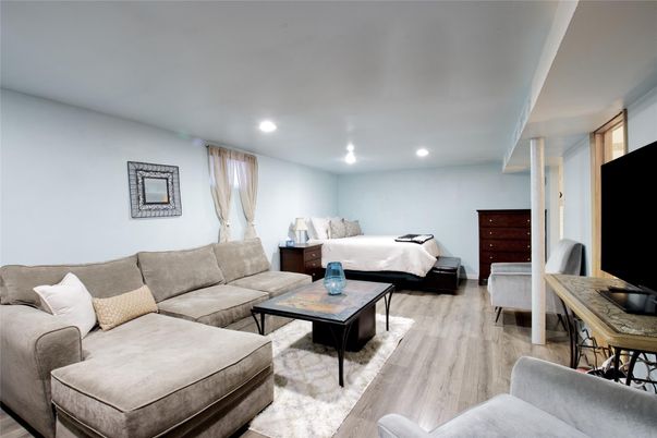 Bedroom, Interior, Living room, Recessed Lighting, Wood Texture Flooring