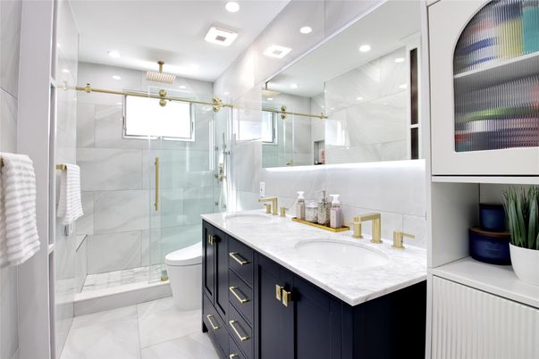 Bathroom, Dual Sink Vanities, Glass Shower, Interior, Marble, Marble Walls, Recessed Lighting