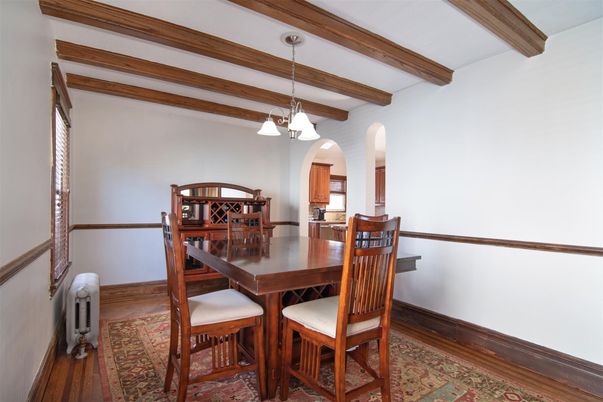 Dining room, Interior, Pendant Lights, Wooden Beams, Wood Texture Flooring