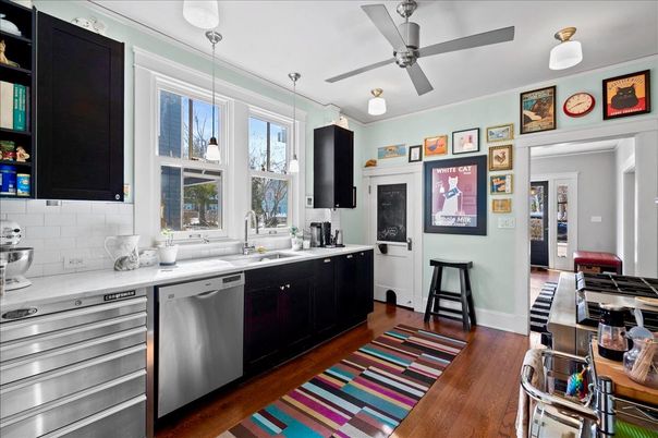 Interior, Kitchen, Pendant Lights, Stainless Steel Appliances, Wood Texture Flooring