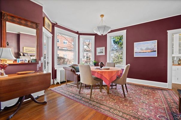 Dining room, Interior, Pendant Lights, Piano, Wood Texture Flooring