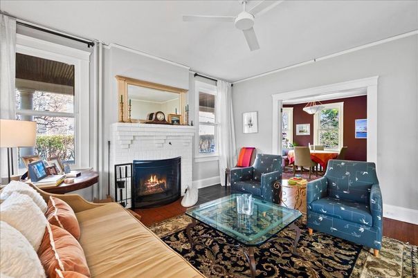 Dining room, Fireplace, Interior, Living room, Wood Texture Flooring