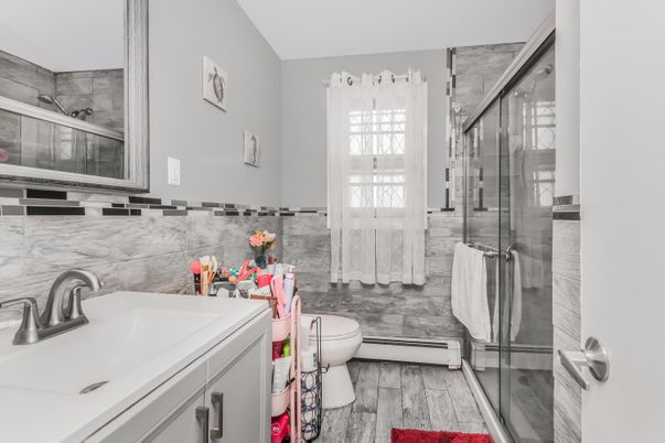 Bathroom, Glass Shower, Interior, Wood Texture Flooring