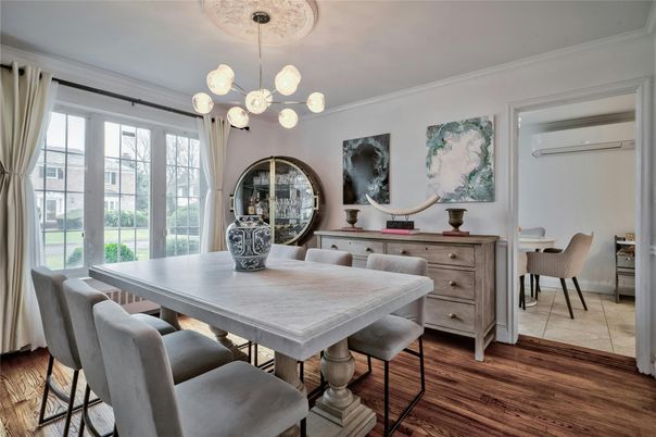 Dining room, Interior, Pendant Lights, Wood Texture Flooring