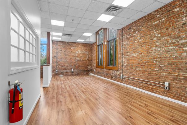Empty room, Interior, Recessed Lighting, Stone Walls, Wood Texture Flooring