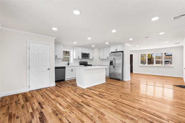 Interior, Kitchen, Recessed Lighting, Stainless Steel Appliances, Wood Texture Flooring