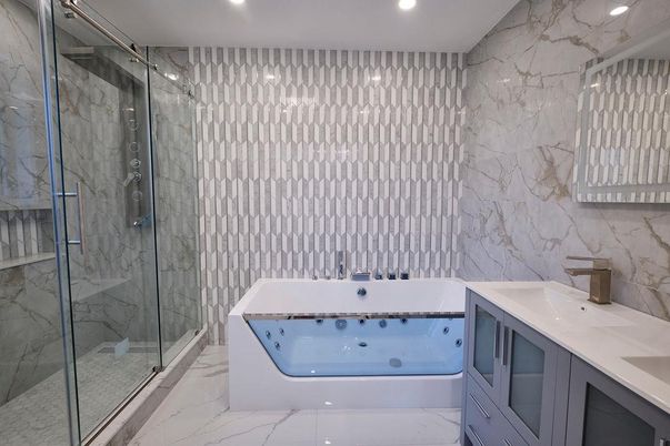 Bathroom, Glass Shower, Interior, Marble, Marble Walls, Recessed Lighting