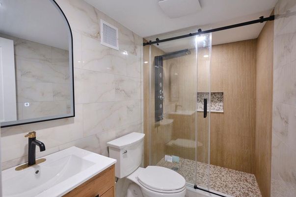 Bathroom, Glass Shower, Interior, Marble Walls