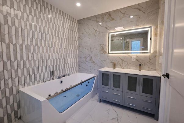 Bathroom, Interior, Marble, Marble Walls, Recessed Lighting