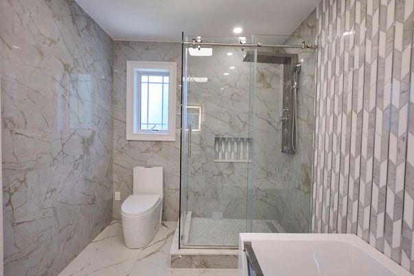 Bathroom, Glass Shower, Interior, Marble, Marble Walls, Recessed Lighting