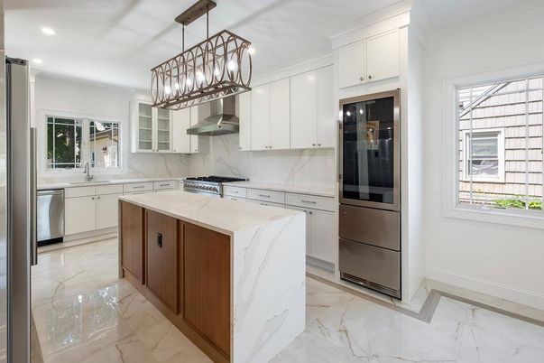Interior, Kitchen, Marble, Marble Walls, Pendant Lights, Recessed Lighting, Stainless Steel Appliances