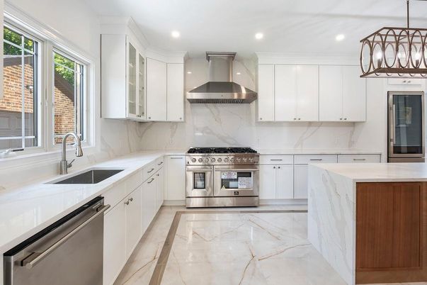 Interior, Kitchen, Marble, Marble Walls, Recessed Lighting, Stainless Steel Appliances