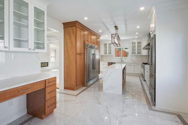 Interior, Kitchen, Marble, Pendant Lights, Recessed Lighting, Stainless Steel Appliances