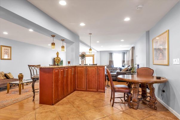 Dining room, Interior, Pendant Lights, Recessed Lighting, Wood Texture Flooring