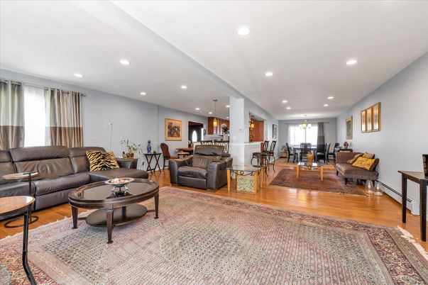 Dining room, Interior, Living room, Pendant Lights, Recessed Lighting, Wood Texture Flooring
