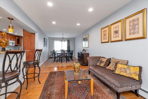 Chandelier, Dining room, Interior, Kitchen, Living room, Pendant Lights, Recessed Lighting, Wood Texture Flooring