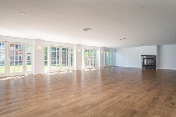 Empty room, Fireplace, Interior, Recessed Lighting, Wood Texture Flooring