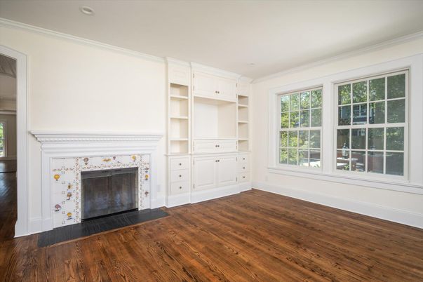 Empty room, Fireplace, Interior, Recessed Lighting, Wood Texture Flooring