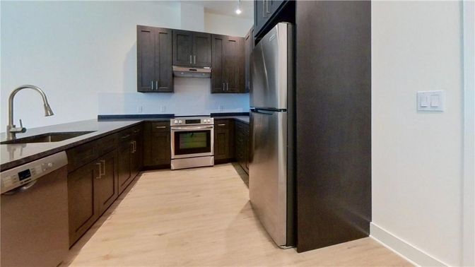 Interior, Kitchen, Recessed Lighting, Stainless Steel Appliances, Wood Texture Flooring