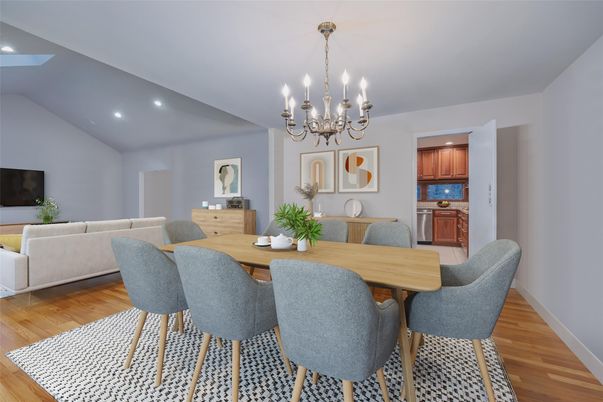 Chandelier, Dining room, Interior, Recessed Lighting, Wood Texture Flooring