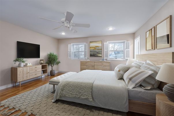 Bedroom, Interior, Recessed Lighting, Wood Texture Flooring