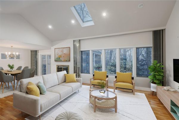 Chandelier, Dining room, Fireplace, Interior, Living room, Recessed Lighting, Wood Texture Flooring