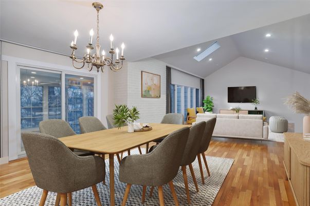 Chandelier, Dining room, Interior, Living room, Recessed Lighting, Wood Texture Flooring