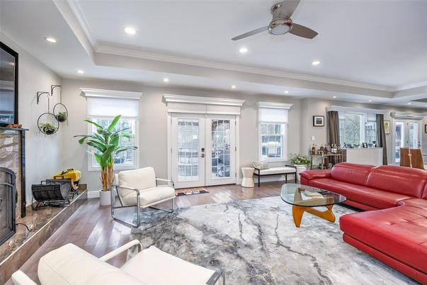 Fireplace, Interior, Living room, Recessed Lighting, Wood Texture Flooring