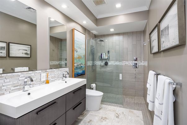 Bathroom, Dual Sink Vanities, Glass Shower, Interior, Recessed Lighting