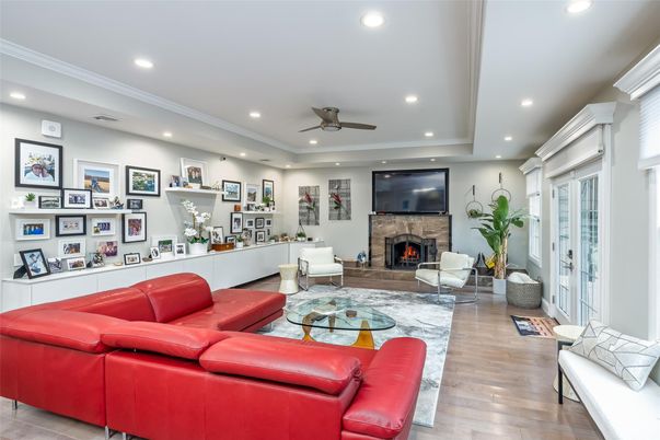 Fireplace, Interior, Living room, Recessed Lighting, Wood Texture Flooring